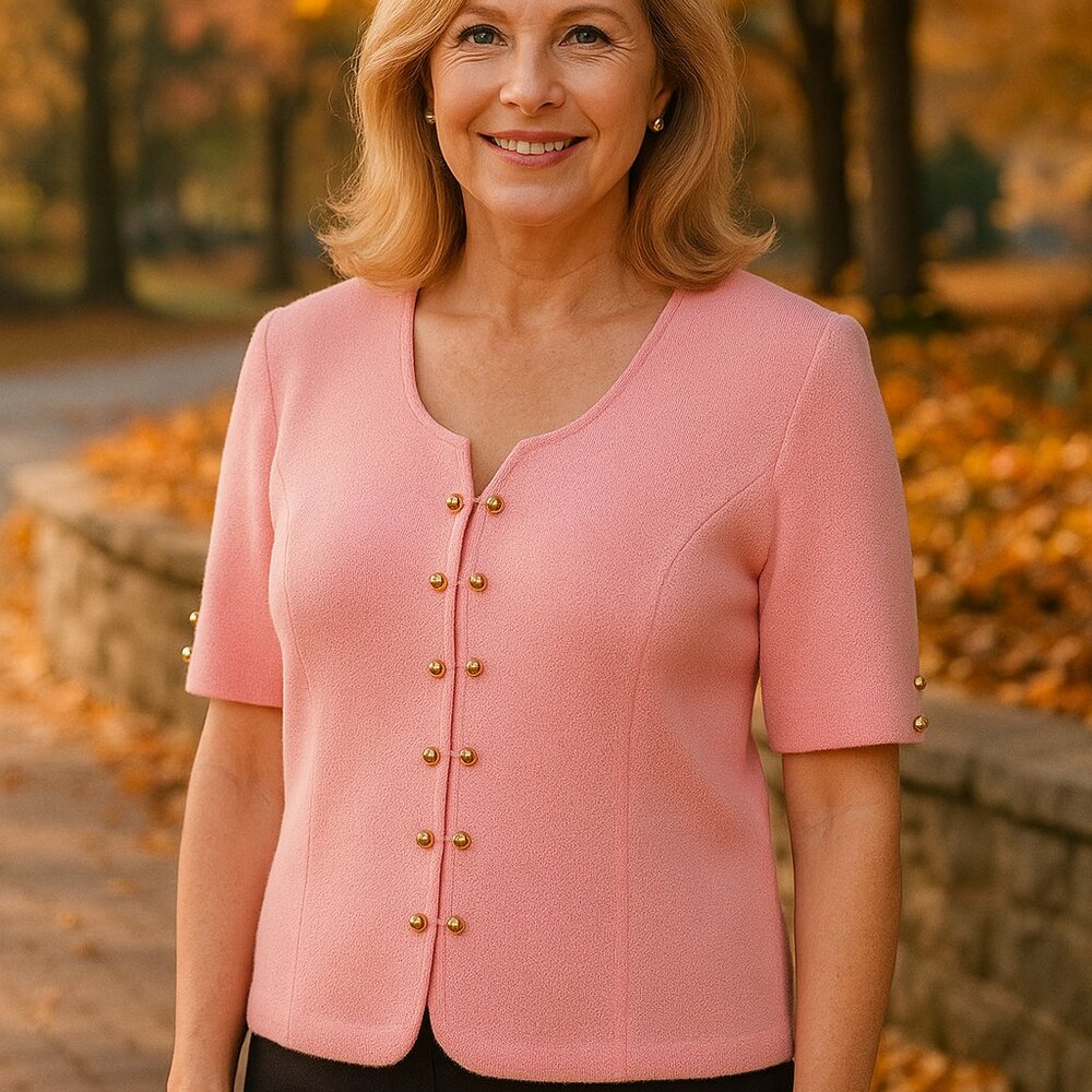 ST. JOHN COLLECTION Jersey Knit Pink Carnation Button Front Blouse Top N…